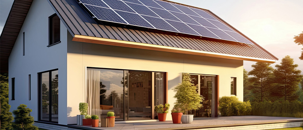 Dom z zainstalowanymi panelami fotowoltaicznymi na dachu przy świetle zachodu słońca.