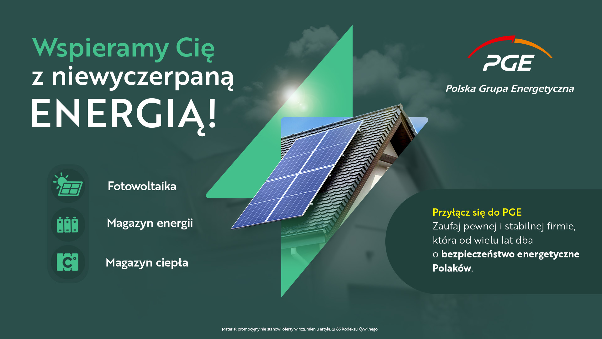 Fotowoltaika z PGE i magazyny energii oraz ciepła. Wycinek dachu z panelami PV na zielonym tle.